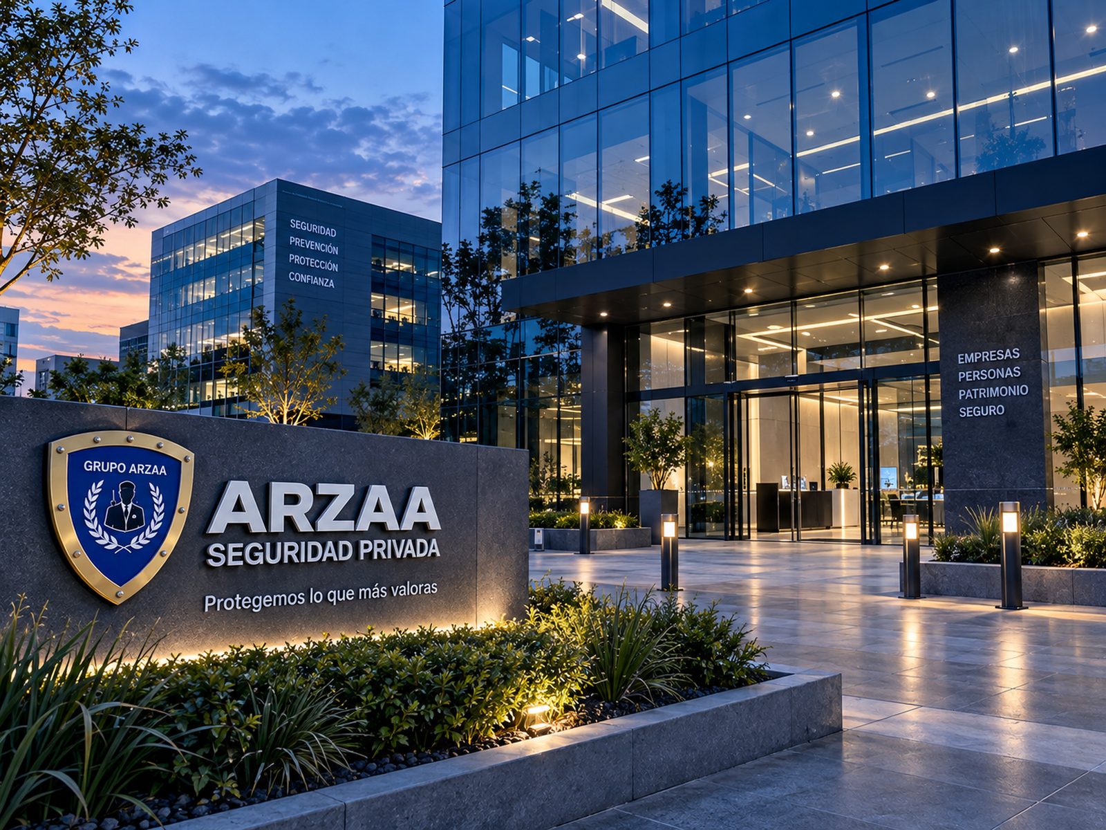 Edificio corporativo y comercial con vigilancia de ARZAA en su acceso.